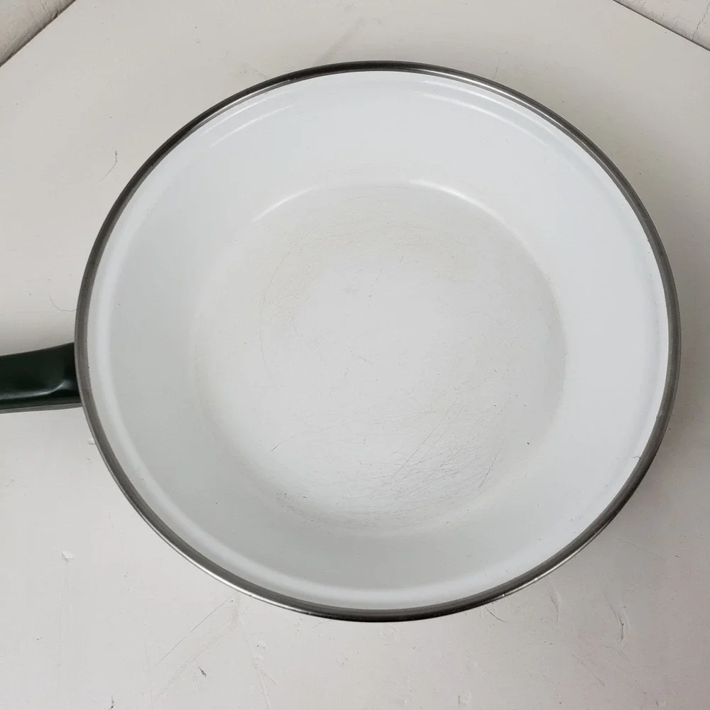 Vintage Enamelware Frying Pan White Green Floral Retro 10 Inch Skillet
